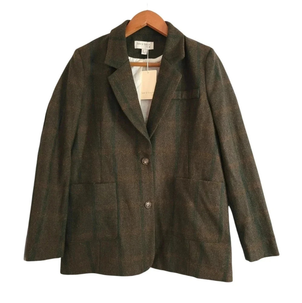See u soon size S Brown plaid jacket blazer button front longsleeves women's